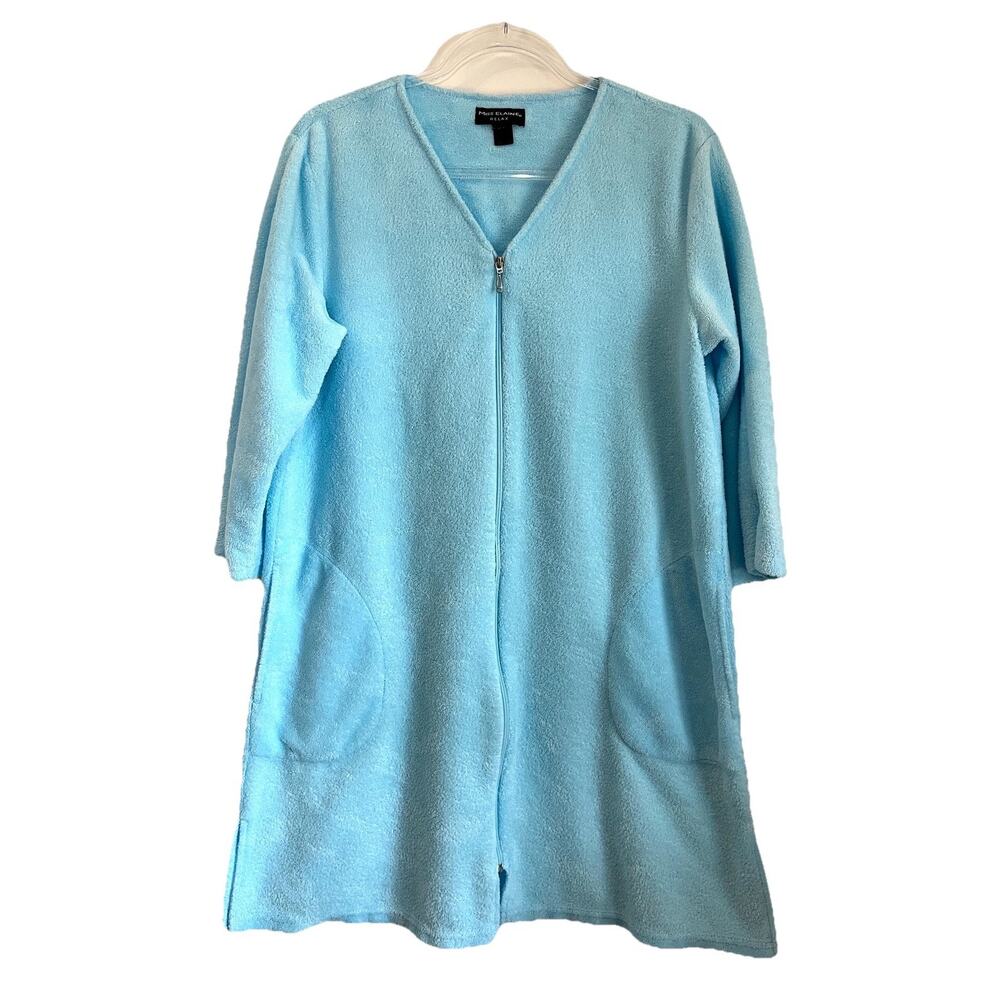 Miss Elaine Relax Housecoat Small Terry Turquoise Blue 3/4 Sleeve Zip Short Robe